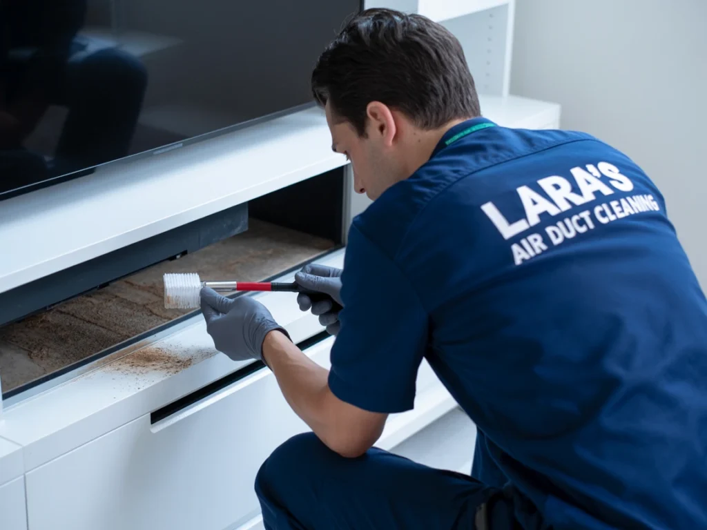 Technician performing air duct inspection in Dallas TX and cleaning a dusty vent